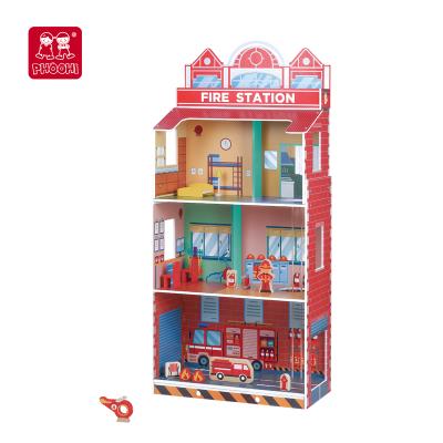 China 2021 MODEL TOY New Arrival Role Play Pretend Play Toy Fire Station Wooden Dollhouse Toy For Children for sale