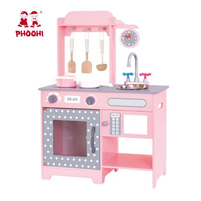 China Hot Selling Baby Wood Simulation Cooking Food Play Pink Wooden Kids Kitchen Set Toy For Girls for sale