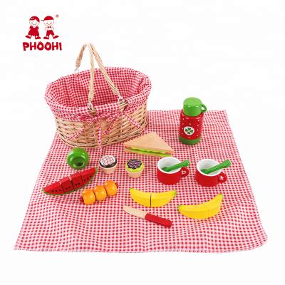 China MDF+Solid Wood+ Cane Pretend Play Food Set Fruit Cakes Kids Simulation Picnic Basket Wooden Toy For Children for sale