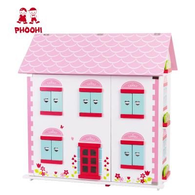 China New MDF Kids Pretend Play 2 Layers Wooden Dollhouse Pink Dollhouse Toy For Kids 3+ for sale