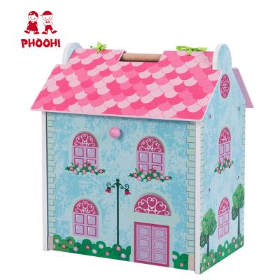 China MDF+Solid Wooden Blue Medium Flower Kids Children Pretend Play Wooden Toy Dollhouse For 3+ for sale