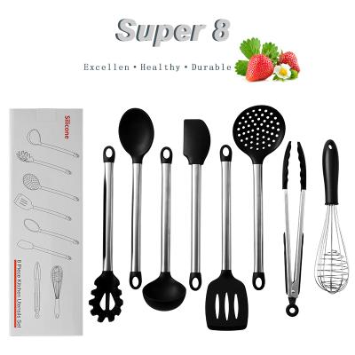 China Sustainable Home Kitchen Accessories 8Pcs Silicone Kitchen Utensils With Stainless Steel Handle for sale