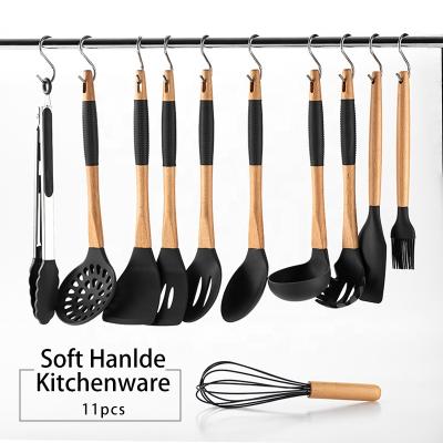 China Sustainable silicone cookwares set of 11 with soft grip handle and S hooks for home kitchen cooking for sale