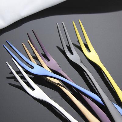 China Disposable Titanium - Plated 304 Stainless Steel Fruit Fork Two - Small Toothed Cake Dessert Fork for sale