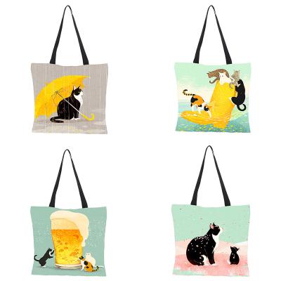 China Casual Feminine Girl Tote Eco Shopper Shoulder Bags Tote Black Bags Vogue Harajuku 2021 Fashion Disposable Canvas Cat Oil Painting Printing for sale