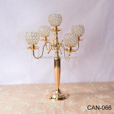 China 5 arms crystal table top candelabra centerpiece tall candle holder candlestick gold for wedding event birthday shower(CAN-066) for sale