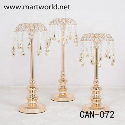 China Hot gold wedding table centerpiece candle holder with hanging crystals for wedding decorations party event decoration(CAN-072) for sale