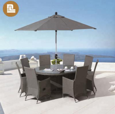 China Cheap outdoor garden furniture round table garden rattan wicker chair dining sets with umbrella for sale