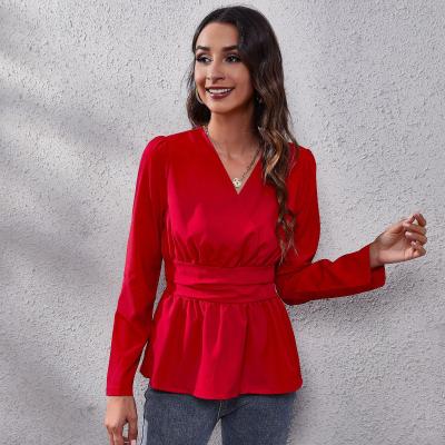 China UP-3633R Breathable Women V Neck Blouse Solid Color Ladies Casual Slim Shirts Tops for sale