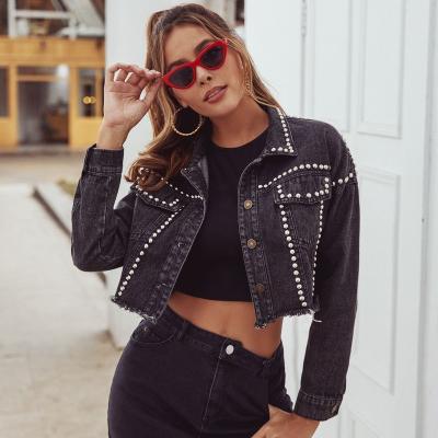 China Breathable Fashion Ladies Street Wear Rivet Decorate Cropped Denim Lattice Jacket Women for sale