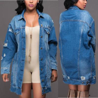 China 2021 Euramerican Style Breathable Denim Dark Blue Ripped Long Jackets For Women for sale