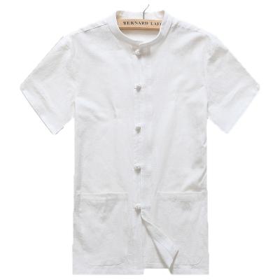 China Anti-wrinkle Summer Canvas Men's Stand Collar Short Sleeve Shirt Cardigan Casual Loose Literary Cotton And Canvas for sale