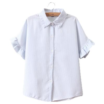 China Anti-Wrinkle Shirt Blue And White Striped Shirt With Small Perfume Lady Niche Style Women's Bat Sleeve Doll Collar Shirt for sale