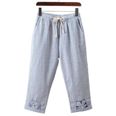 China new Anti-wrinkle elastic waist tie to show thin striped feet embroidered casual cropped pants women for sale