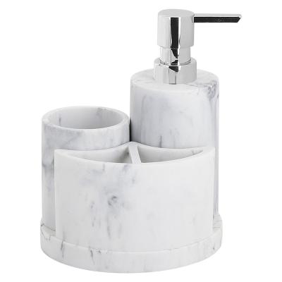 China Printing 3N1 Sustainable Marble Bath In A Tray Incldue Soap Dispenser Tumbler Toothbrush Holder for sale