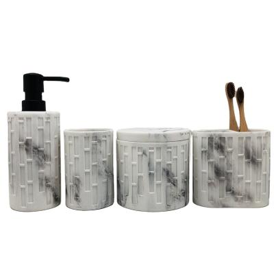 China Sustainable Marble Look Polyresin Bathroom Accessories 4pcs Set Bamboo Countertops 2021 New Outlook Design for sale