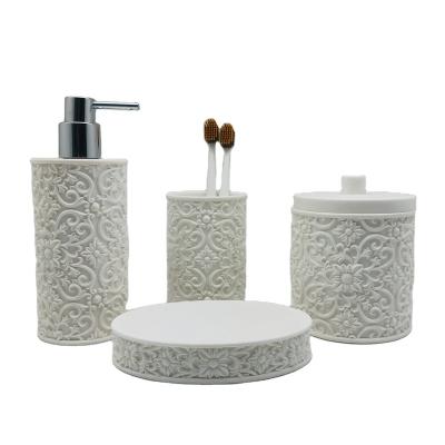 China Bath Accessories 4pcs Bathroom Floral Engraving Countertops 2021 Sustainable White New Design On Body for sale