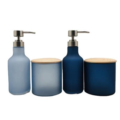 China 2021 High Quality Glass Bathroom Accessories 2pcs Sustainable Frosted Glass New Design Include Soap Dispenser Cotton Pot for sale