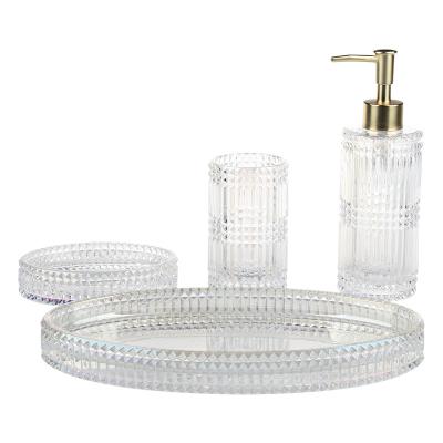 China Viable 4 Pcs Countertop Set Lotion Dispenser Pump Tumbler Soap Dish Towel Glass Tray Bath Accessories for sale