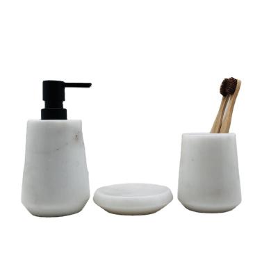 China Viable White Marble Bathroom Accessories 3pcs Set Natural Stone Raindrop Soap Dispenser Tumbler Soap Dish for sale