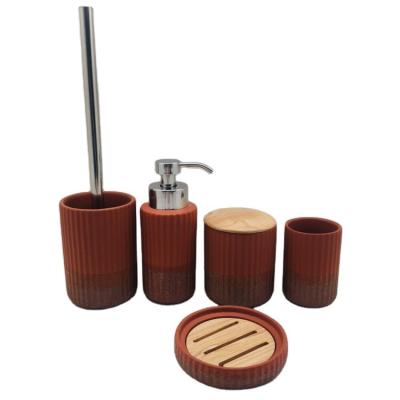 China 2021 Best Selling 5pcs Viable Best Selling 5pcs Bamboo and Ceramic Stoneware Bathroom Accessories Foaming Lotion Pump 2 Tone BROWN Color for sale