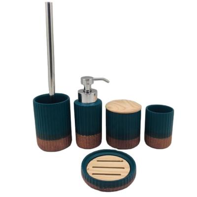 China 2021 Viable Best Selling 5pcs Ceramic And Wood Stoneware Bathroom Accessories Foaming Lotion Pump 2 Tone Blue Color for sale