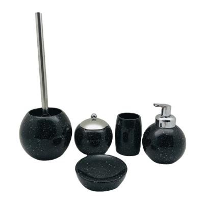 China Viable Ceramic Bath Set 5pcs Include Lotion Pump Tumbler Cups Black Cotton Pot Soap Dish Toilet Brush Holder Bath Countertops for sale