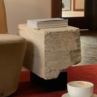 China Modern Design Solid Wood Rectangle Chinese Stone Side Tables Living Room Side Tables Beige Stone Travertine Side Table Supplier for sale