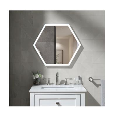 China China factory light touch switch led hexagon wall mirror with clock for sale