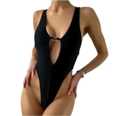 China NEW ACTIONS Breathable Deep V-Neck Swimsuit Lady High Leg One Piece Strap Brazilian Sexy Swimwear Black for sale