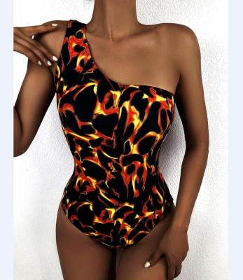 China NEW Fire Print One Shoulder Swimsuit Breathable RUNNING Sexy Woman One Piece Swimwear for sale