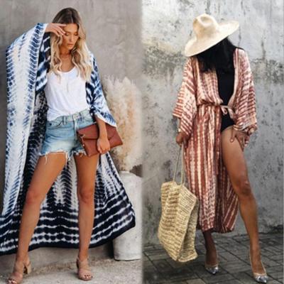 China 2022 Breathable STREAM Two Colors Loose Tie Dye Kimonos Jacket Ties Front Cardigan Long Beach Cover Ups for sale