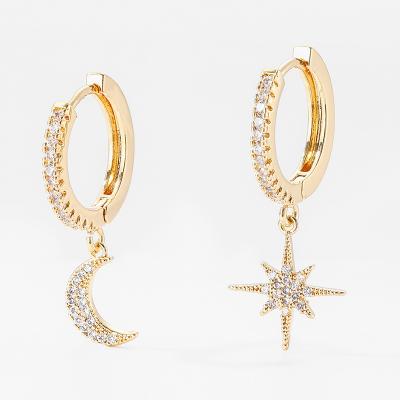 China TRENDY Asymmetrical Gold Plated Circle Earrings Crystal Geometric Drop Dangle Star and Moon Zircon Hip Hop Earrings For Women for sale