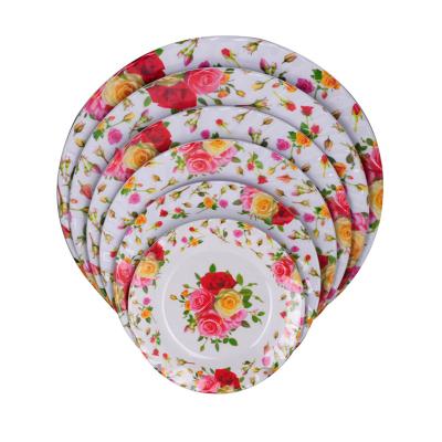 China Disposable Round Plastic Dinner Dishes Melamine Dish Set In Flower Design for sale