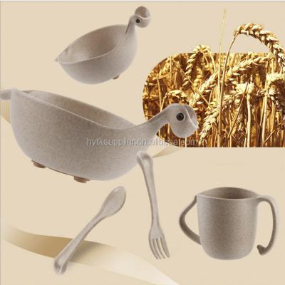 China Sustainable New Design 5 Pcs Dinosaur Shape Baby Dinnerware Set, Wheat Straw Cutlery for sale