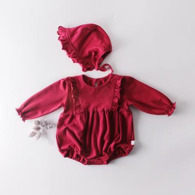 China Polyester/Cotton 2020 Newborn Infant Spring Baby Romper Wine Color Rise Toddlers Ruffle Long Sleeve Jumpsuit for sale