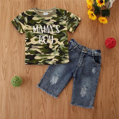 China Boys Casual Suits Kids Baby Boy Short Sleeve Camouflage Boy T-Shirt + Denim Ripped Jeans Two Piece Set for sale