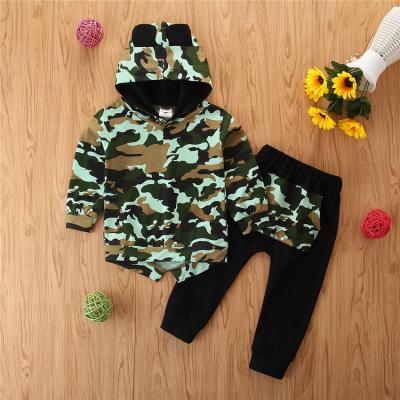 China Casual Kids Boy Teams Clothes T-shirt+ Pants 2PCS Autumn Bear Ear Hoodie With Long Pants 1-5years Camouflage Suit for sale