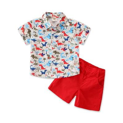 China Children's boutique summer formal 1-5 years old dinosaur shirt cartoon outfits and red shorts sets baby boy clothing for sale