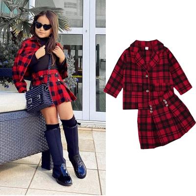 China 2020 Autumn Kids Girl Outfits Clothes Red Plaid Casual Long Sleeve Coat + Skirt 2PCS Set Toddler Girl Suit for sale