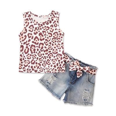 China 2021 Kids Baby Clothing Outfits Girl Leopard Casual Sleeveless Tops With Belt Jeans Shorts Clothing Set for sale