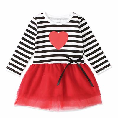 China 2020 Spring Girl's Red Love Heart Dress Breathable Baby Princess Striped Gauze Tutu Dress Girl Dress for sale