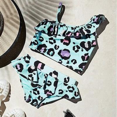 China RTS Breathable Kids Baby Ruffled One Shoulder Swimsuit Baby Leopard Swimwear Two Piece Bikini for sale