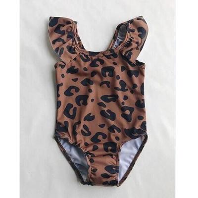 China Fashion RTS Kids Girls Breathable Sleeve Swimwear Brown Leopard Swimwear One Piece European Bikini for sale