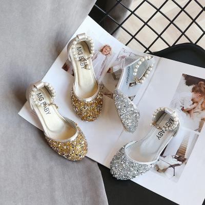 China Fancy flat shoe 2020 summer new product pearls princess girls high heels wedding party shoes with bowknot for sale