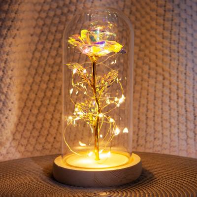 China Durable Preserved Flower Rose Glass Cover Led Nightlight Gold Foil Rose Christmas Gift Valentine's Day Gifts for sale