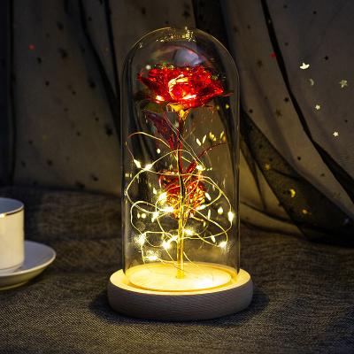 China 2020 Durable Preserved Flower Rose Glass Cover Led Nightlight Gold Foil Rose Christmas Gift Valentine's Day Gift Box for sale