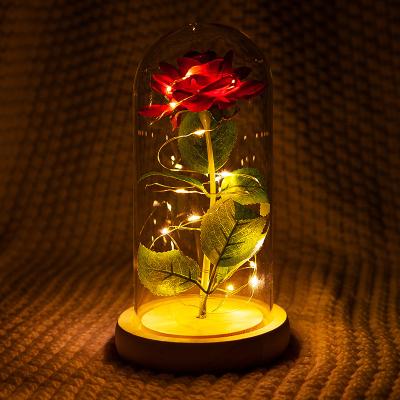 China Durable Preserved Flower Artificial Flower Rose Glass Cover Led Night Light Artificial Rose Best Gift For Valentine's Day for sale