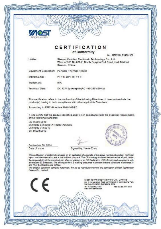 CE certificate - Xiamen Cashino Technology Co.,Ltd.