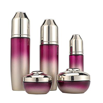 China Personal care glass bottle cosmetic set--skincare packaging container manufacturer--pump&spray&gold cap--purple color for sale